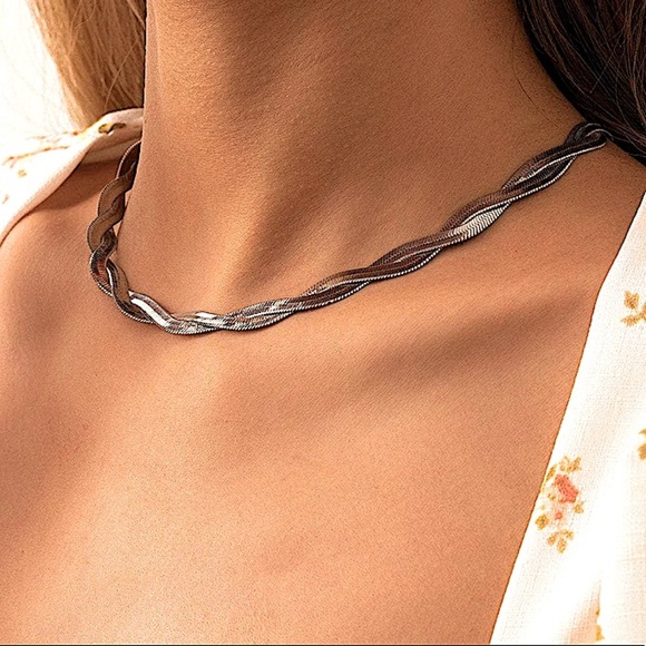Twisted Braided Sterling Silver Herringbone Flat Snake Choker Necklace - Picture 3 of 10